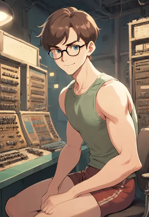 Alan Turing, sexy, tight clothes, gay, lean muscle, code, numbers, sequence, curiosity, grin, glasses, British, English, English background, fast