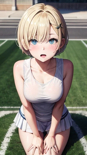 highly detailed images, 8K quality, European junior high school girl, beautiful girl, blonde, short hair, small breasts, beautiful legs, blushing, outside the athletics stadium, crawling on all fours, composition seen from above, mouth wide open, tongue st...