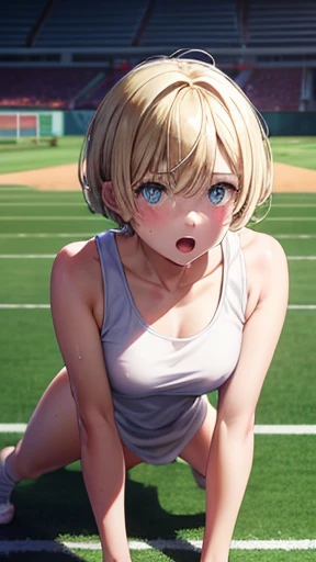 highly detailed images, 8K quality, european junior high school girl, beautiful girl, blonde, short hair, small breasts, beautiful feet,slimming, blush, Outside the athletics stadium, crawl on all fours, Butt is the main character,stick out your butt, Open...