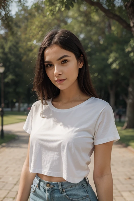 a woman modeling a white t-shirt, in a park, image for use as a mockup,illustration, detailed facial features, soft natural lighting, high-resolution, vibrant colors, realistic rendering, stunning, bokeh, outdoor setting, beautiful model, casual pose, gree...