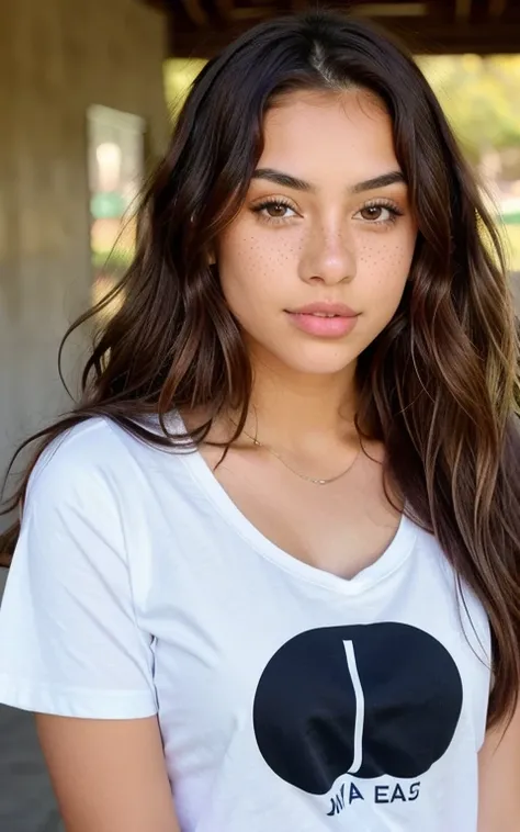 1 mexican girl, Long Wavy Hair, dark brown eyes, teen, tshirt, freckles