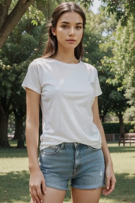 a woman modeling a white t-shirt, in a park, image for use as a mockup,illustration, detailed facial features, soft natural lighting, high-resolution, vibrant colors, realistic rendering, stunning, bokeh, outdoor setting, beautiful model, casual pose, gree...