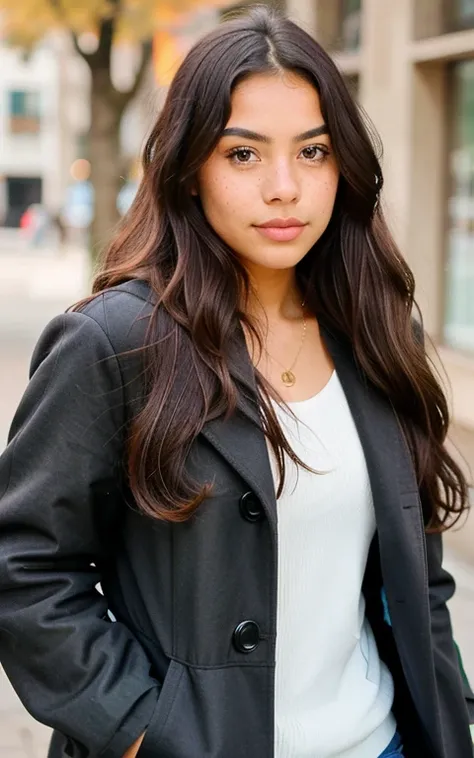 1 mexican girl, Long Wavy Hair, dark brown eyes, teen, coat, freckles