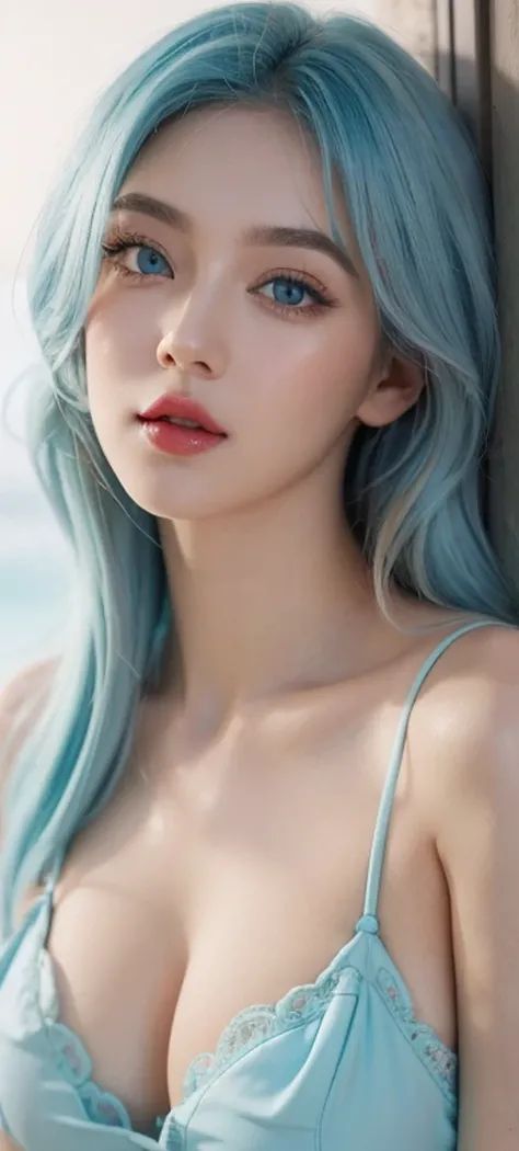 light blue hair, Turquoise eyes, long eyelashes, Big red lips, Almond eyes, beauty, girly, curls, micro bikini，big bust