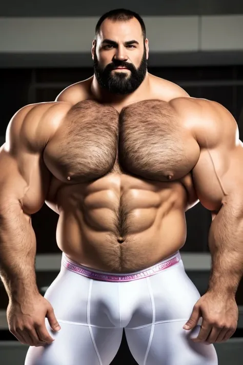 Zangief Fisiculturista, homem gigante, A photo shoot style full length portrait of a very muscular very muscular big man in a white room, fundo branco, wears vibrant, metallic gold and tight thong with dinosaur designs ,with a large volume upwards and to t...