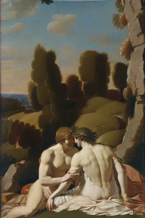 Design a homoerotic scene of ((two men)) in the style of Botticellis ethereal compositions. Create an intimate moment between ((two men amidst draped fabrics)) and delicate ((Pastoral Background)), evoking the grace and sensuality of the Renaissance era, N...