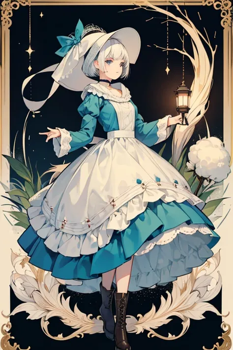 Cotton Cookie is a short Cookie with pale off-white dough and a small frame. She has short white hair styled in a bob with asymmetrical bangs shrouded by an oversized cotton hood. She has muted teal eyes and a small, hopeful smile. She wears a blue and bro...