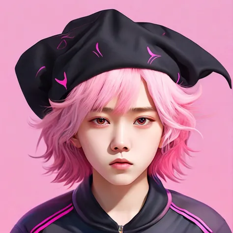 100 year boy, black bandana cap, pink hair, short side swept bangs, mullet, horns, demon tail, gray pink tracksuit , surrealism,...