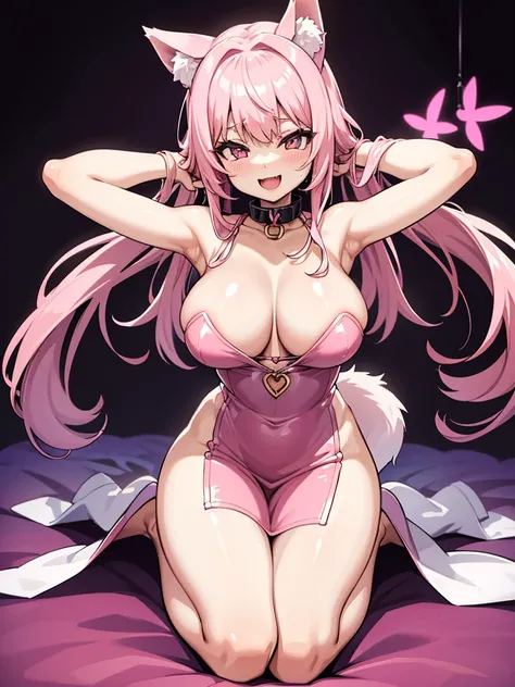 Happy woman, with wolf ears and pink hair, holding her cheeks, wolf tail, wearing a latex dress, looking at veiwer, full body, you can see her chest, naked breasts