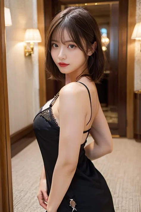 highest quality, Masseter muscle part, ultra high resolution, 1 female, Lewd, Eros face, brown eyes, ((glamorous body)), ((huge breasts)), bare shoulders, waist, short hair, ((Luxurious black long dress with lace-up on both sides, (No underwear))), attract...