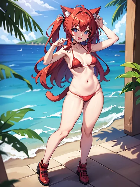 happy woman, with cat ears and red hair, holding her cheeks, cat tail, wearing a bikini, looking at veiwer, full body