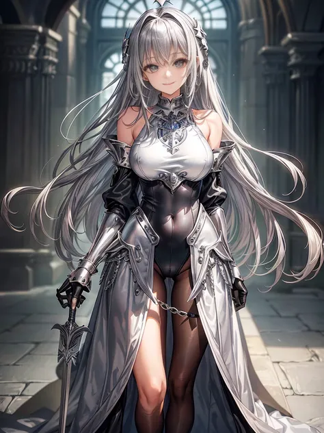 top-quality、Full limbs、complete fingers、((one beautiful women))、Beautiful Large Breasts、Medium Hair、straight haired、Silvery hair、((Woman in black long sleeve high neck leotard with silver coat of arms))、A big smile、Woman knight、((Silver shoulder rest、Silve...