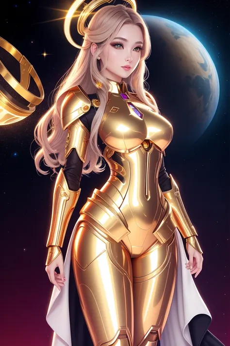 surreal beauty chief, gold armor，whole body, beauty，charming，sexy，galaxy background highlights the halo in the background