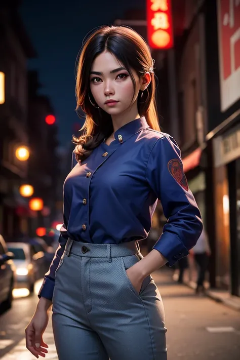 Retrato de mujer ,20 years,chino,parte superior del cuerpo,chino clothes,Calle Shanghai,cinematic lighting,pose de pelea,