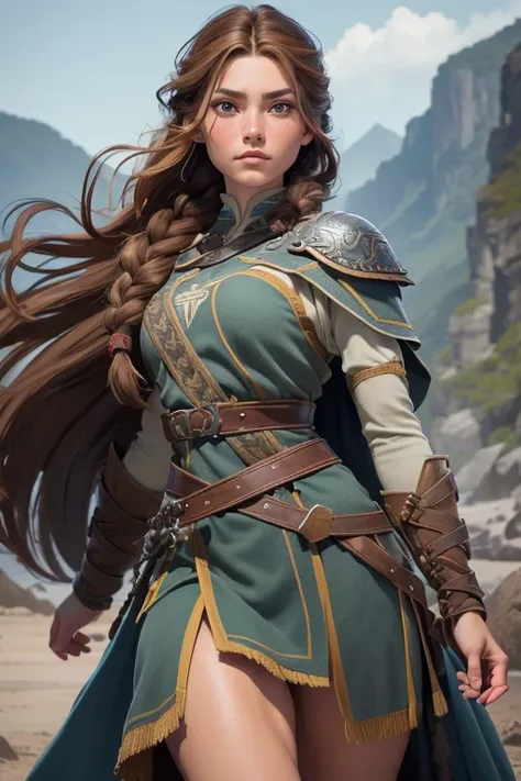 (Obra maestra, La mejor calidad) (young warrior woman of nordic descent), (ojos verdes), (Muscular), (falda de piel), (brown hair color),(loose hair with small braids on the scalp), (top con correa de cuero) plumas, capa sobre el hombro, bufas, (azul, gray...