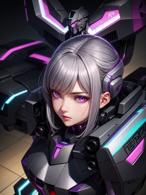 Realistic, girl one, gray hair, purple eyes, shining eyes, mecha suit, gundam, metallic, intricate details, detailed neon, parted lips,