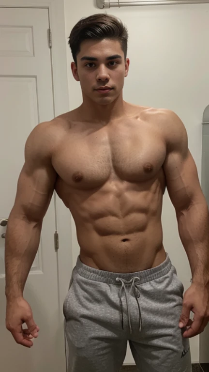 Teenage white Hispanic, , lacrosse player , 17 years old , military haircut, brown eyes fixed, affiliated features, no facial hair , height 1.93, weight 93 kg, aesthetic muscular build , broad shoulders, V-shaped body, full body focus, completely hairless,...