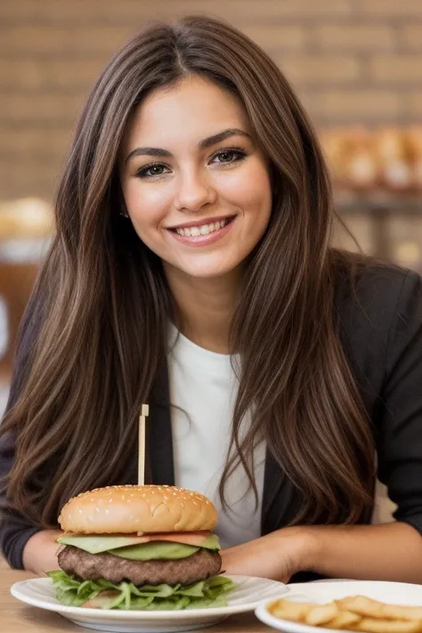 (portrait photo) de (vctj femme:1.0), assis près de la table, au restaurant, burger dans une assiette, regarder la caméra, souri...