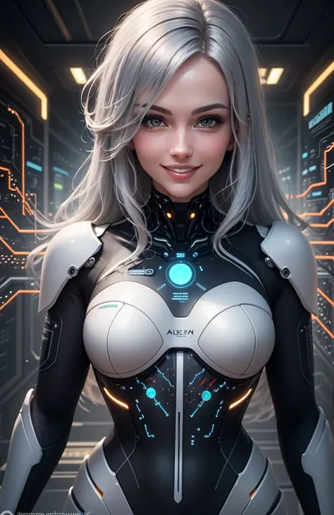 realistic, portrait of a girl,AI language model, silver hair, question answering, smart, kind, energetic, cheerful, creative, with sparkling eyes and a contagious smile, information providing, conversation engaging, wide range of topics, accurate responses...