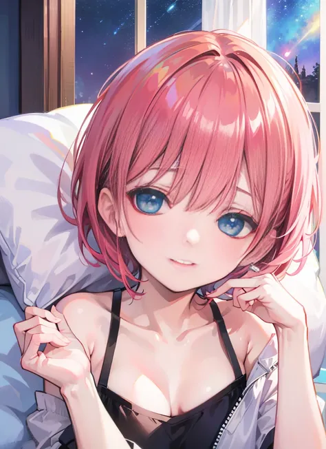 ichikanakano, ichika nakano, short hair, bangs, hair between eyes, pink hair,A girl sleeping with her eyes closed，off shoulder t-shirt,Black string pants,smile，Bedroom，light goes out， covered by a blanket， windows，Romantic starry sky，extreme light，meteors ...