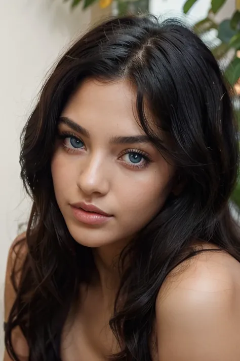 ((best quality)), ((masterpiece)), (detailed), perfect face portrait of a spicy black hair Latina girl with emerald green eyes, unique, 21 years old, beautiful, perfect. gorgeous, symmetrical, jet black hair, curly hair, cuy, model, blue eyes, wolf cut hai...