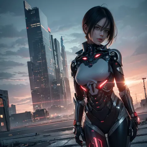 (best quality,4k,8k,highres,masterpiece:1.2),ultra-detailed,(realistic,photorealistic,photo-realistic:1.37),cyborg woman,short hair,robotic eye,charismatic,simple post-apocalyptic background,metallic skin,technological enhancements,alluring gaze,bionic arm...