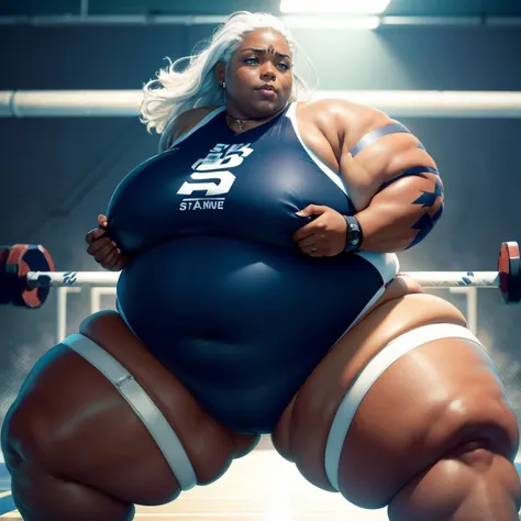 ((Dark skin)), dark skinned female, ((giantess)), ((strongfat)), ssbbw, obese, ((strong arms)), white hair, blue eyes, ((tall)), (gentle smile), (wrestling gear), gigantic, insanely large belly, sweaty, subtle blush, (bare arms), ((biceps)), ((flexing)), l...