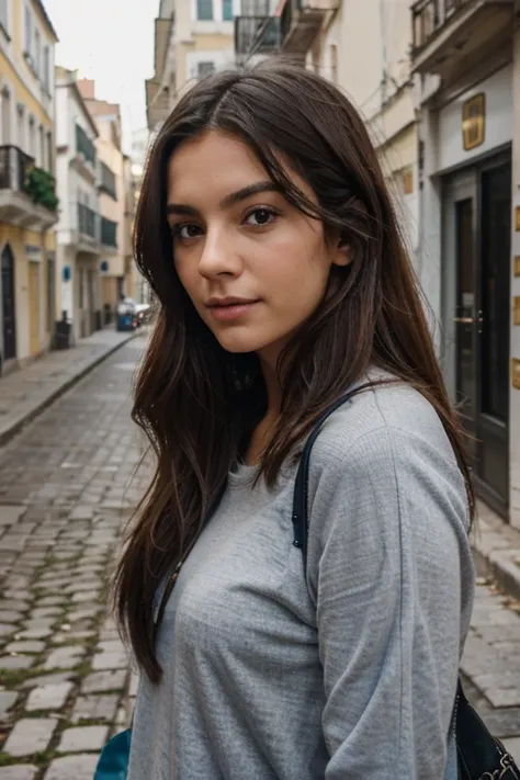 __Color de pelo__, Mujer europea, Cabello largo, Antecedentes de la ciudad de Lisboa, invierno, profesional, 4k, High Definition, UHigh Definition, 8k, alto detalle, ultra definition