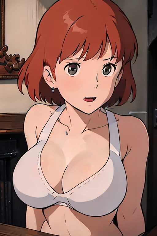 (masterpiece, best quality, high resolution, anime screencap, anime colored, 8k, photorealistic), Nausicaa, 1women, milf, wife, solo, brown hair, (looking at viewer), huge breasts, cleavage, (white bikini:1.5), cowboy shot, (lake, wet), (perfect detailed a...