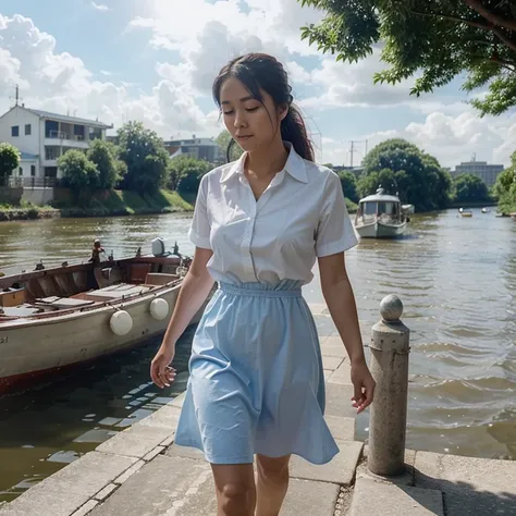 A girl walking by the river. White shirt A light blue dress. In the shirt Chin Toe Li The name is written. The sun is shining. The clouds are beautiful. A small boat is sailing in the water. The girl is cute. 