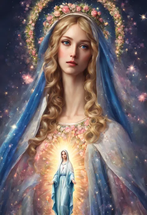 (((Virgin Mary))) masterpiece, (best quality: 1.2), rainbow light, heaven, (super fine: 1.2), figure, (very delicate and beautiful: 1.2), video angle, floating, (beautiful eyes for details: 1.1), (light detailed: 1.1), movie lighting, Delicate sky, blue ey...