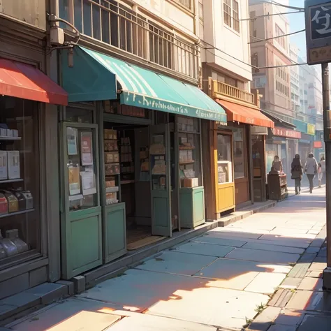 image of a sidewalk full of shops next to the main road