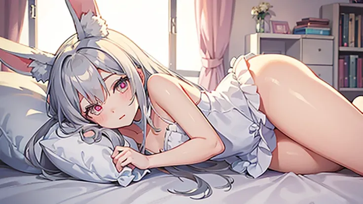 beautiful illustrations, highest quality, pretty girl, Bedroom, pastel colour, fluffy rabbit ears, , long silver hair, rabbit stuffed, bright lighting, pale pink eyes