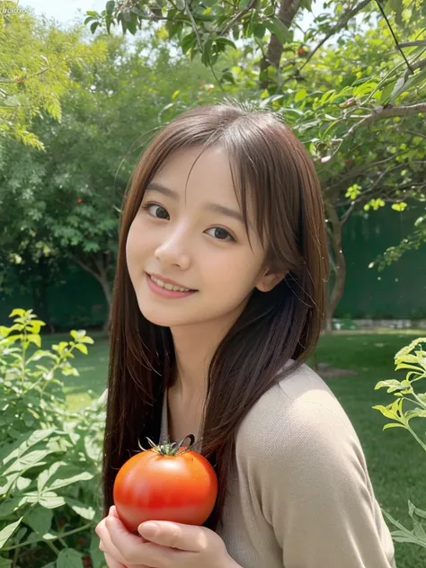 ((holding a small tomato in hand)),field,There is a tomato tree in front of me,squatting,1 girl,28歳の女性,しゃがむ,Full body shot from a distance:1.4,ultra-realistic capture, very detailed, 人間の皮膚のHigh resolution16kクローズアップ. Skin texture must be natural, Enough det...