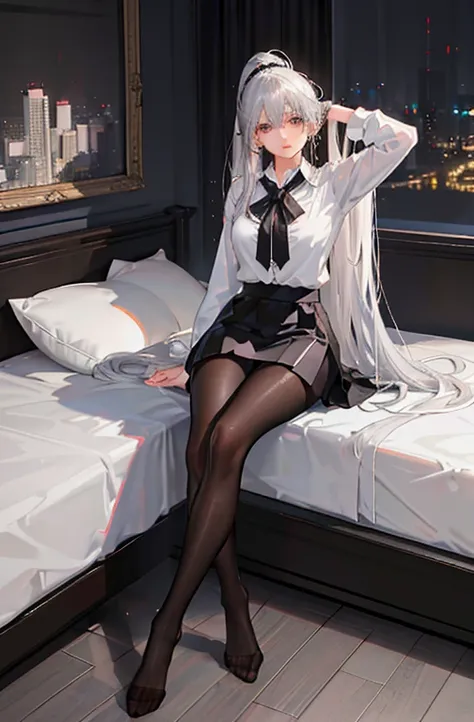 (((1 girl)),Ray tracing,(dim lights),[Detailed background (bedroom)),((silver hair)),((silver hair)),(Fluffy silver hair, plump and slim girl))) high ponytail))) Avoid golden eyes in the ominous bedroom ((((girl wearing a white shirt, Black wrinkled skirt ...