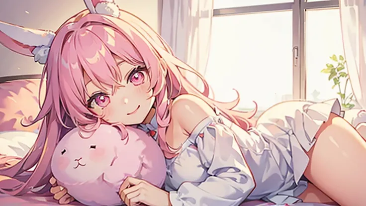 beautiful illustrations, highest quality, pretty girl, Bedroom, pastel colour, fluffy rabbit ears, , pink long hair, rabbit stuffed, bright lighting, pale pink eyes,smile,morning