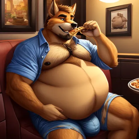 2 Male, two males, mates, father and son, incest, male on male, twosome, couple, duo, feeding, feeder, feedee, shoving food in mouth, gainer, gainerart, anthro, Orange Fox, older male, relaxed expression, happy expression, brown chest fur, buffet restauran...