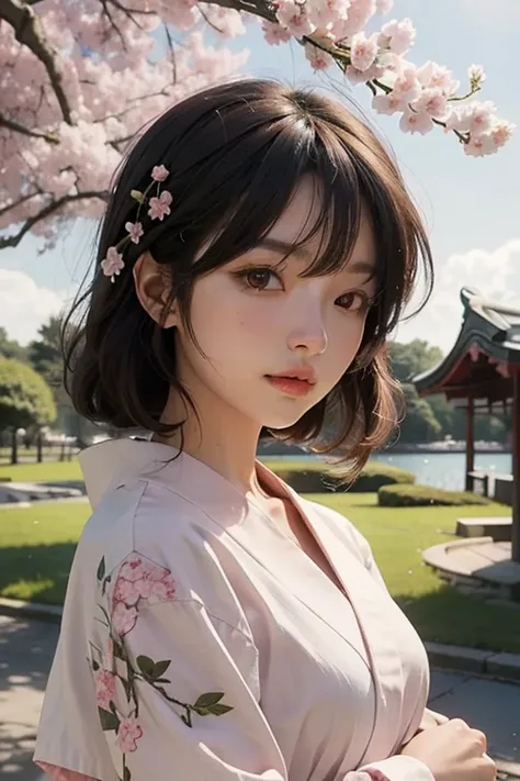 Beautiful, bright, anime style, Japanese cherry tree grove. Pretty girl standing in front 