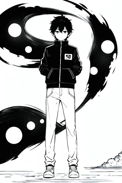 omori artstyle, dark skin, drawing, omori, middle part, bomber jacket, white background, boy, sketch, standing, looking at viewer, black paint in background