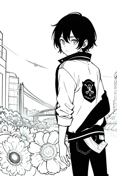 omori artstyle, dark skin, drawing, omori, middle part, bomber jacket, white background, boy, sketch, standing, looking back at viewer, black paint in background