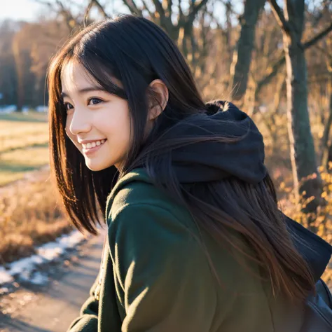 Photoreal, 8k Full Length Portrait, Beautiful woman, Smiling profile, I&#39;m 29 years old, rural area, winter, The background is a park，It&#39;s a walk