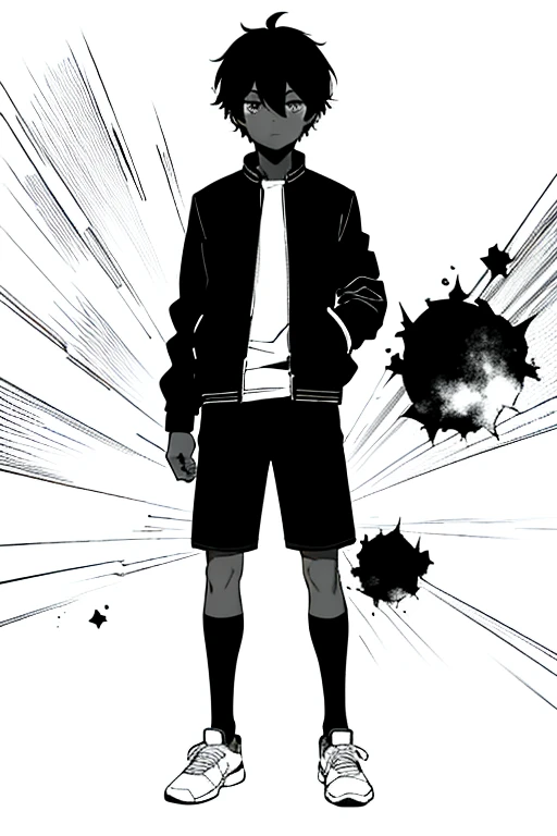 omori artstyle, dark skin, drawing, omori, middle part, bomber jacket, black t-shirt, white background, boy, sketch, standing, looking at viewer, black paint in background