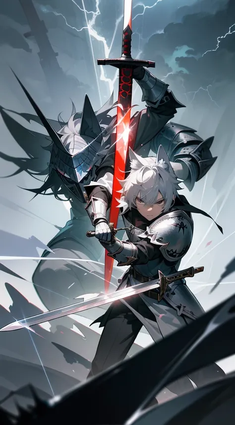 Wallpaper phone，8K quality，best quality，anime characters，Two-dimensional image，1 boy,alone,white hair,gray eyes,(( Templar Silver and Knight Set)), wolf ears, wolf tail, serious face, masterpiece, HD, 4K,((Lightning and thunder at night)),facial details,((...