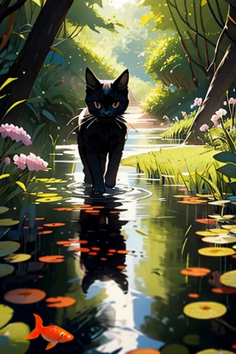 black kitten walks in the forest、find a pond、put your hand in the pond、Goldfish are swimming in the pond、Flowers are blooming、