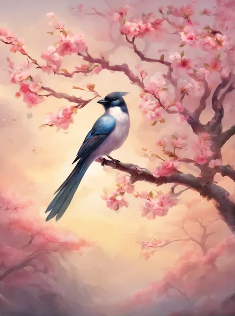 The plum tree has a delicate magpie, many blooming plum blossoms, floating auspicious clouds, embroidery art style, gossamer fabric, silk, with Sui style, super realistic details, light beige warm tones, bright colors, wallpaper, 8k