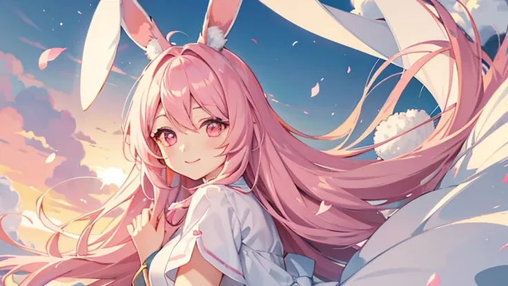 beautiful illustrations, highest quality, pretty girl, fluffy rabbit ears, , pink long hair, rabbit stuffed, bright lighting, pale pink eyes,refreshing morning sky,smile,white clothes