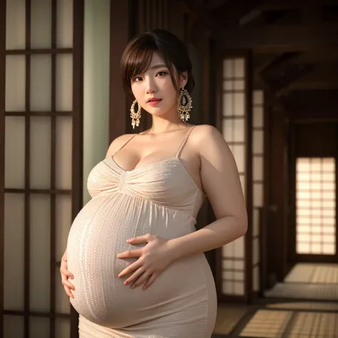 best quality,highres,4k,
masterpiece,realistic,photorealistic,3D,beautiful detailed,fine-textured,(solo),(curvy:1.1),earrings,japanese woman,pregnant