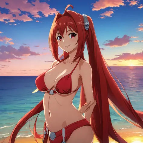 masterpiece, best quality, scEstelle, red micro bikini, upper body, sky, clouds, sunset , standing, looking at viewer, sea, huge breasts, smile, sexy pose