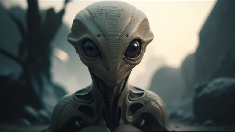 The alien has smooth, textured brown skin, semelhante a couro, cobrindo todo o corpo. Her eyes are large and round, com uma tonalidade intensa de vermelho, emitindo uma luz suave. The head is a little larger in relation to the body, and there are little an...