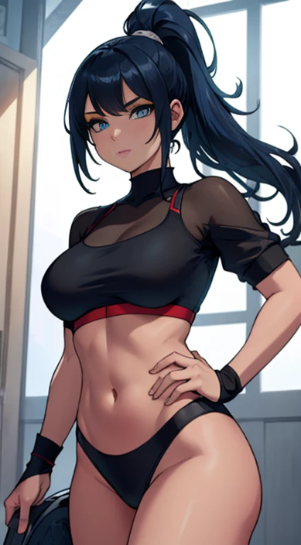 top-quality、Top image quality、​masterpiece、girl with((cute little、18year old、Best Bust、Medium bust、Bust 85,Beautiful blue eyes、Breasts wide open,Ponytail with black hair、A slender、Blue hair mesh、black bandana、Red Sports Bra、White Judogi、fighting poses)）hiq...